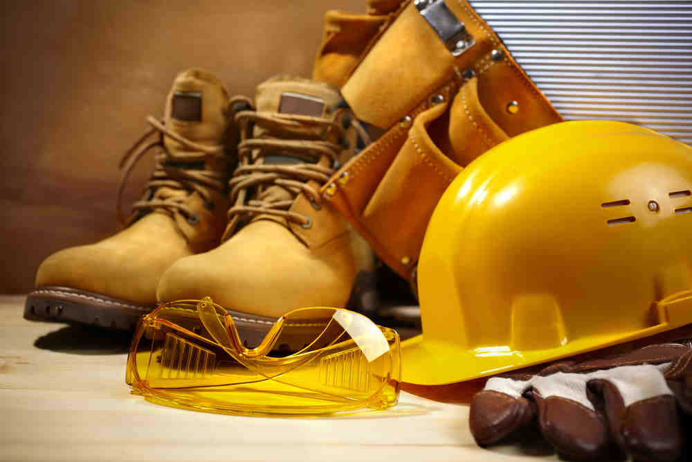 hard hat, safety shoes, and goggles