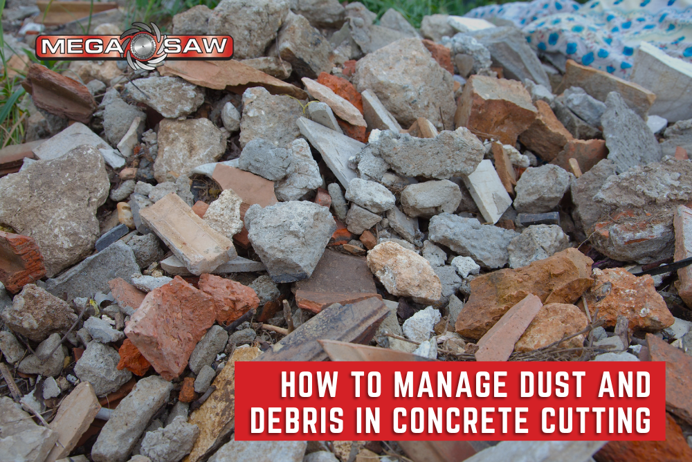 Worker operating a wet-cutting concrete saw with water spray to suppress dust, ensuring a cleaner and safer work environment