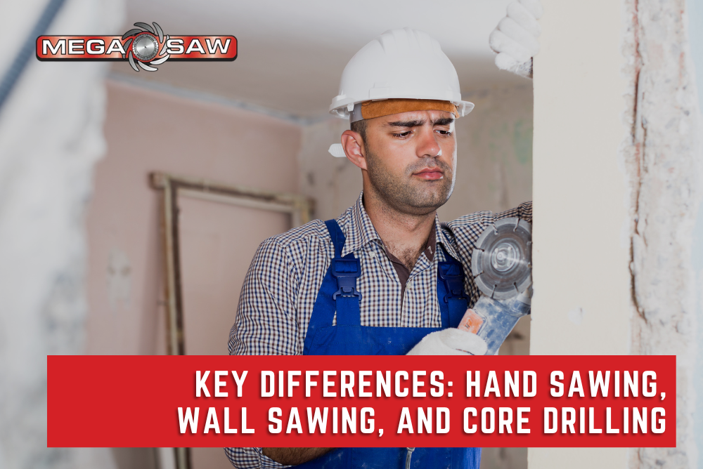 Different concrete cutting tools: hand saw, wall saw, and core drill used on site.