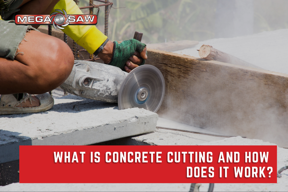 Close-up of professional cutting concrete slab with precision saw.
