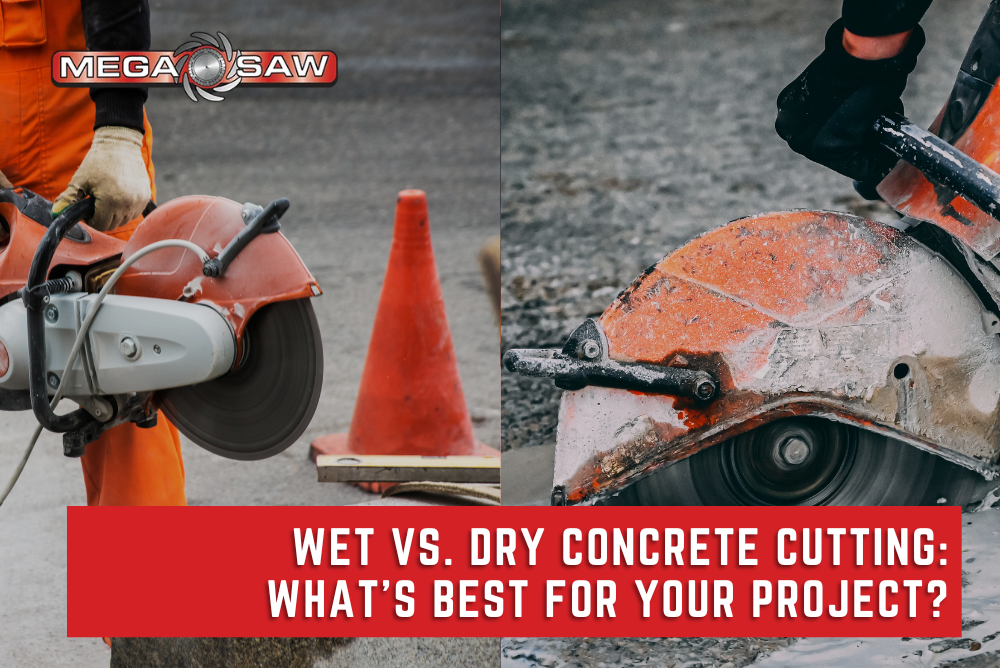 Side-by-side view of wet and dry concrete cutting techniques in action.