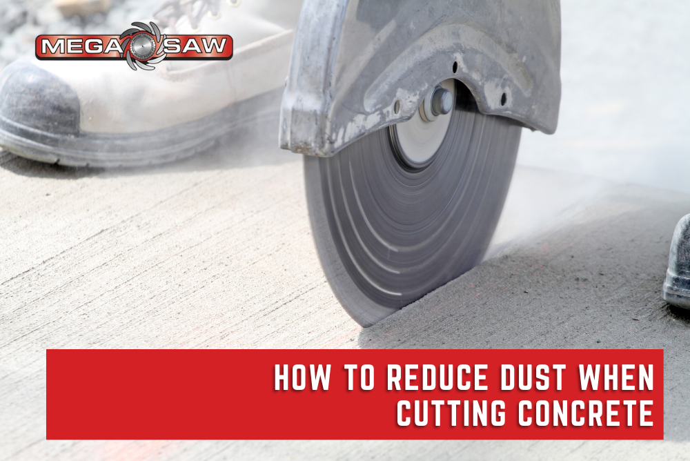 Worker using a concrete saw with water suppression to reduce dust during concrete cutting.