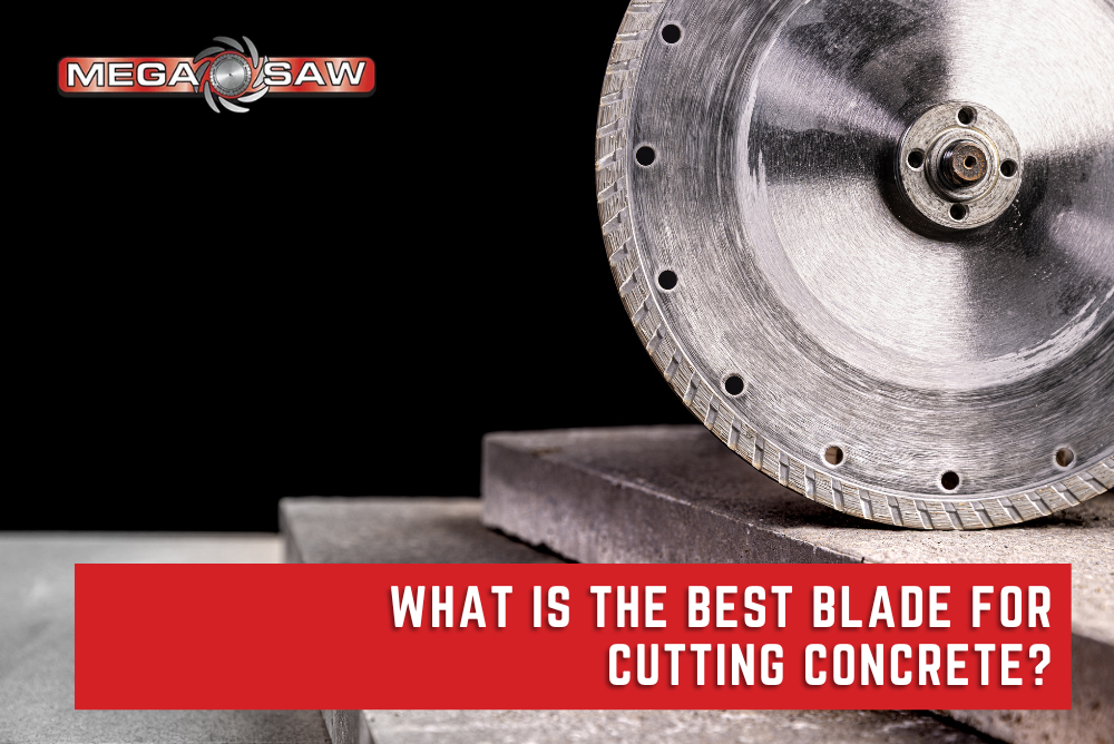 Diamond concrete cutting blade mounted on a power saw cutting through a concrete slab.
